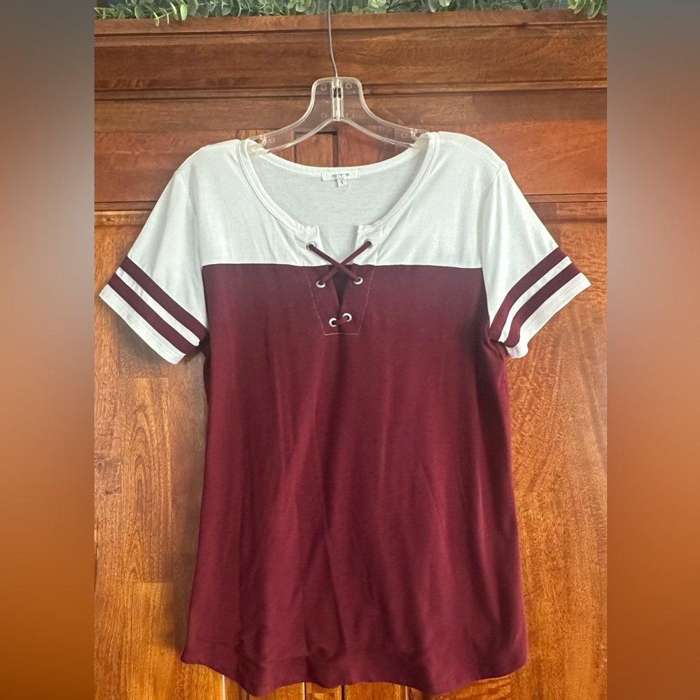 Maurices Burgundy and White Lace-Up Tee